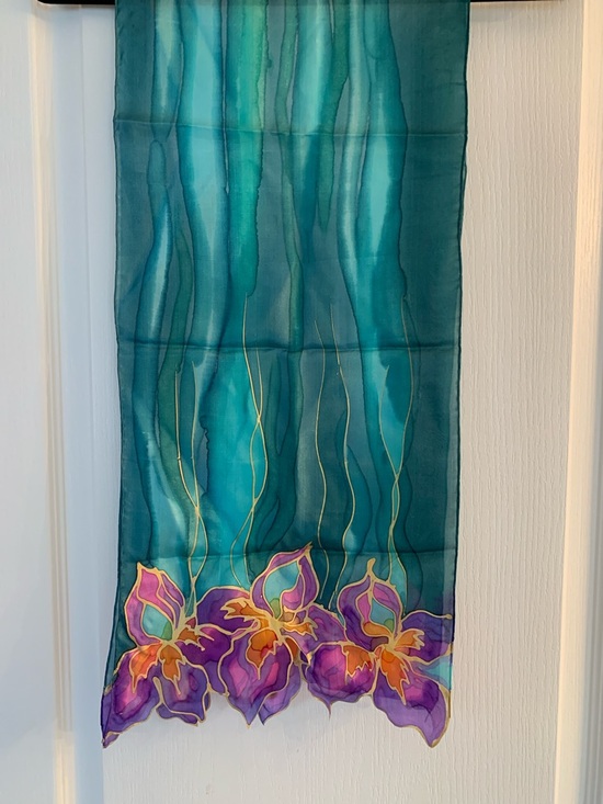 Accessories - Hand-Painted & Signed Silk Scarf in Teal with Purple Floral Border